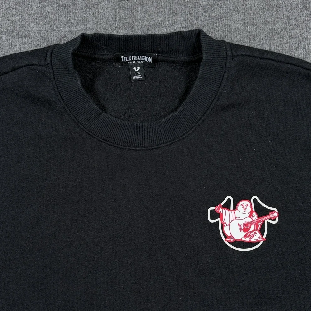True Religion Sweatshirt Mens Large Black Bold Graphic Crew Neck Fleece Pullover